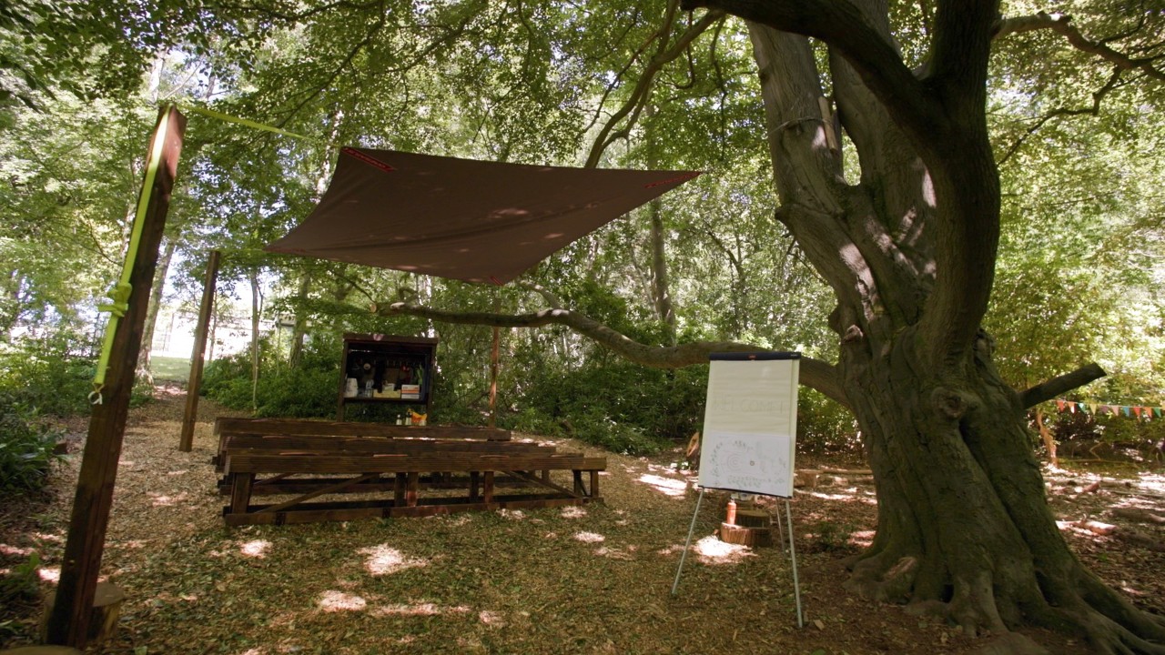 bench seating covered by sail 