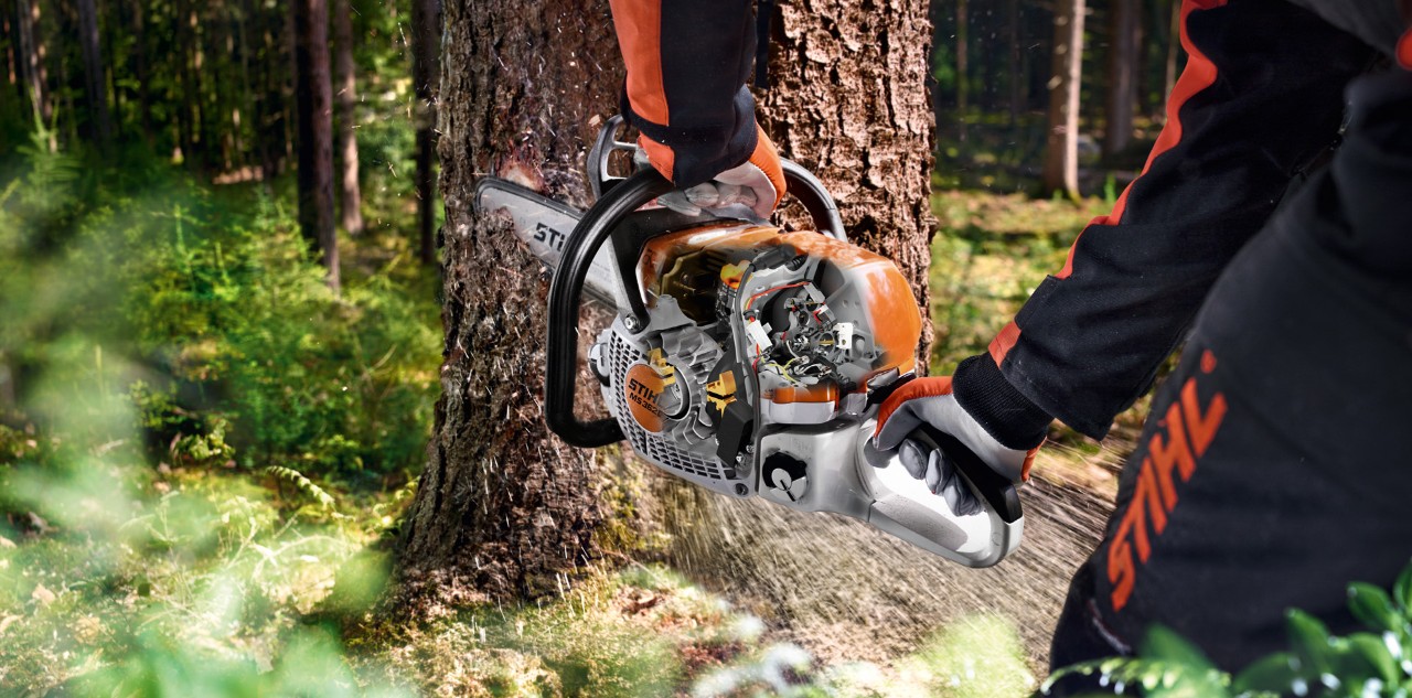 Cut out view inside STIHL MS 361 M-tronic system as it cuts into a tree