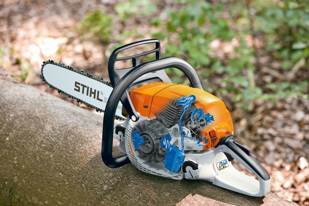 STIHL M-Tronic System graphic cutaway on chainsaw inner workings