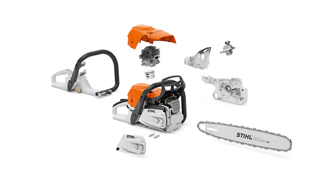 A STIHL MS 400 C-M petrol chainsaw separated into its individual components, including a magnesium piston