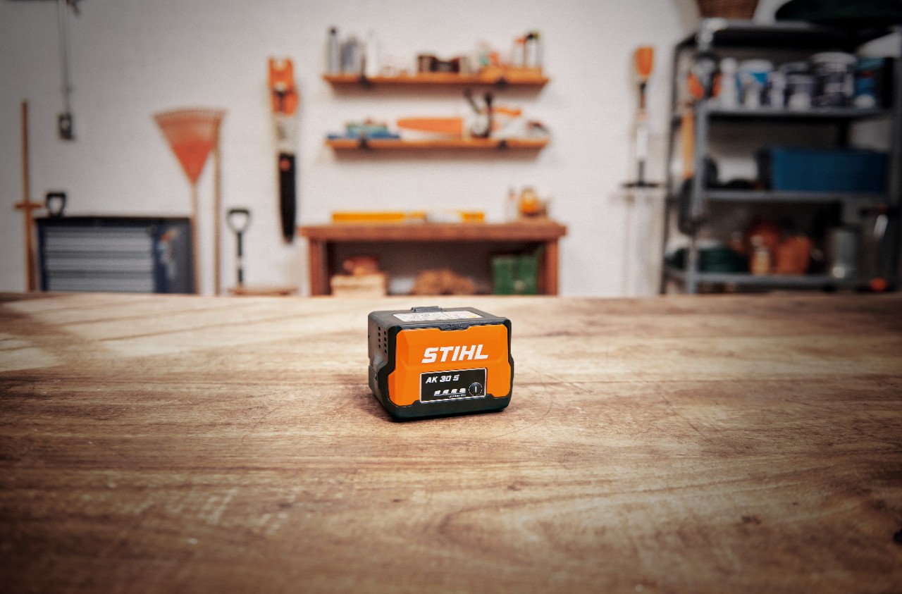 Workshop with a STIHL AK 30 S battery on a wooden table 
