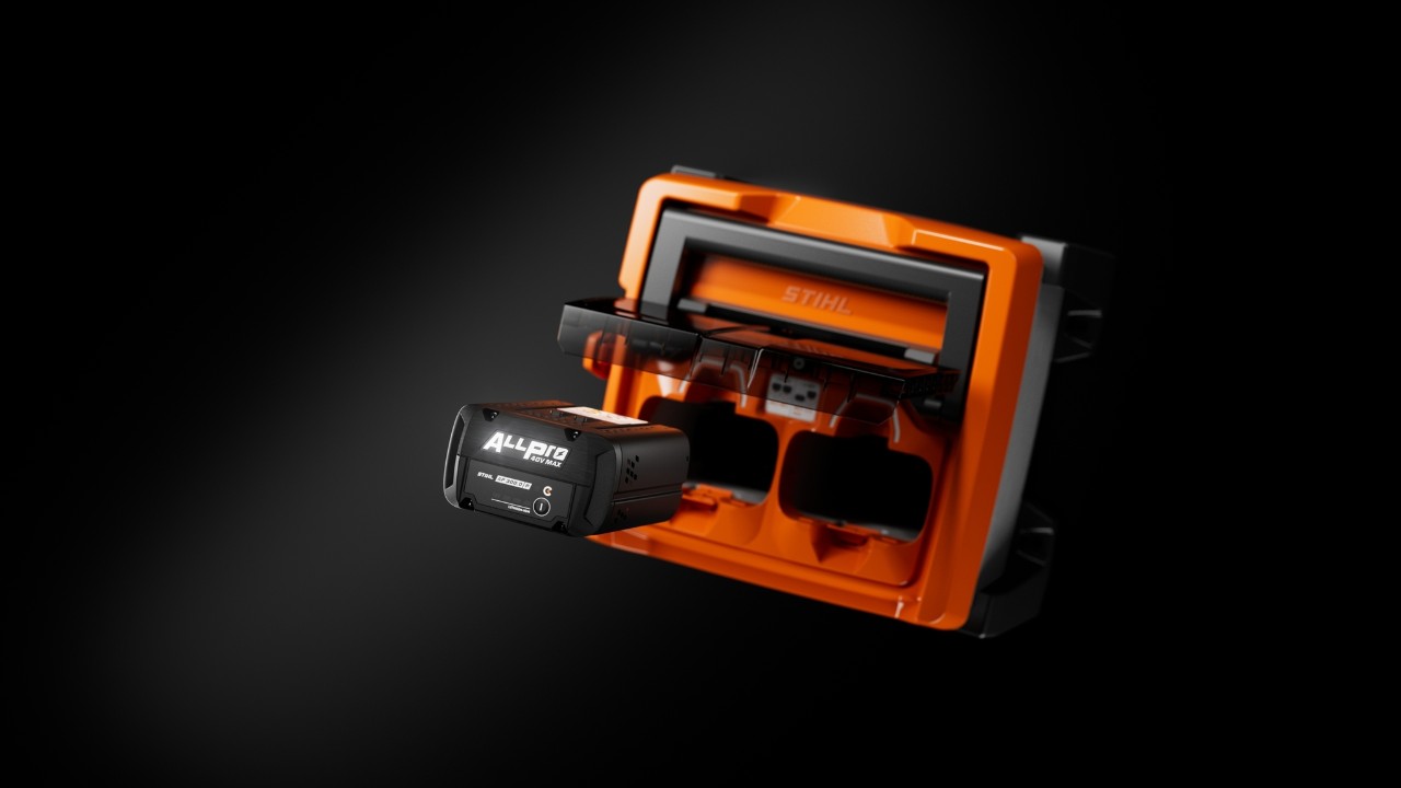 STIHL ALLPRO fast charger AL 1802 MO with an inserted and partially removed ALLPRO battery AP 300.0 P(C).