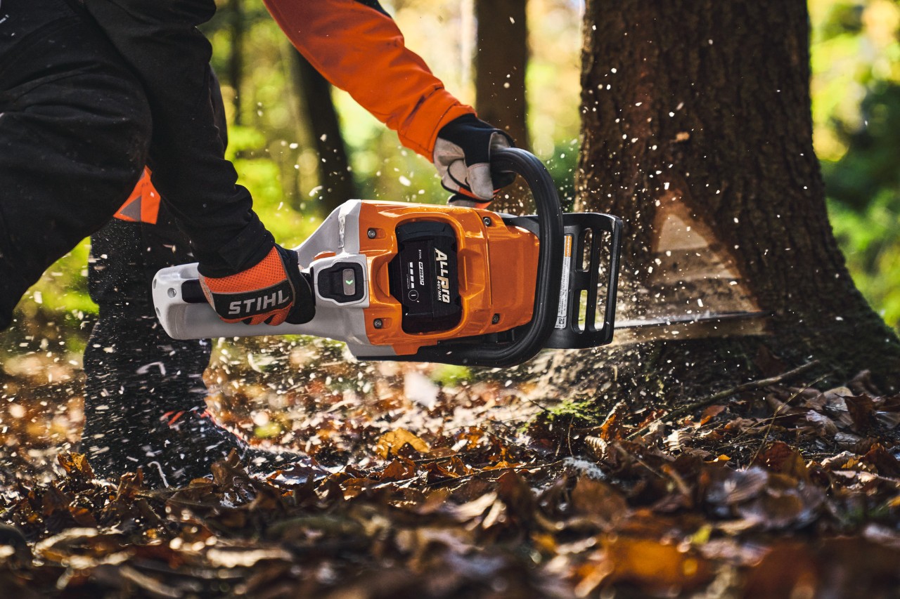 Professional female wood worker is cutting trees in the wood with a cordless chainsaw STIHL MSA260