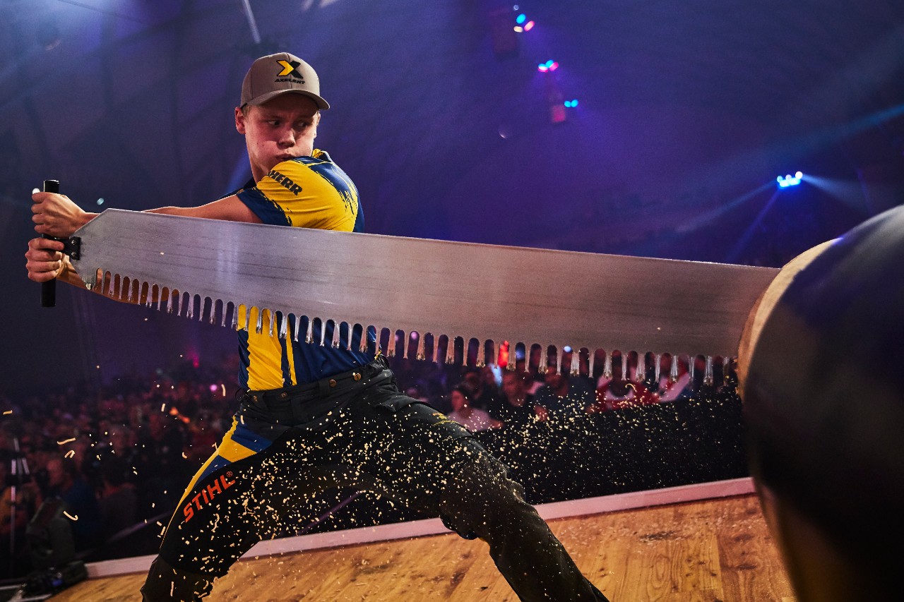 Competitors sawing at the Timbersports® World Championships.