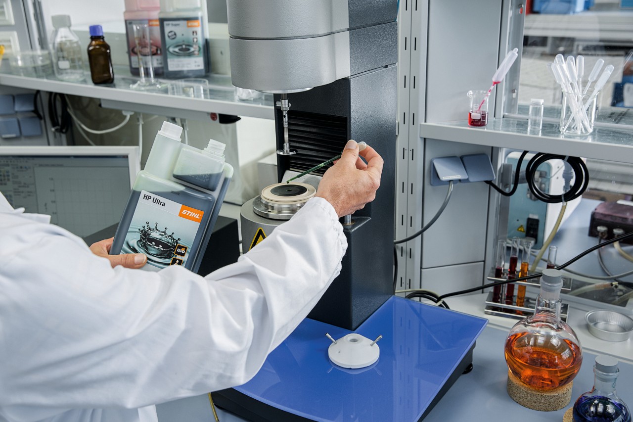 STIHL HP Ultra two-stroke engine oil is tested in a laboratory in accordance with the REACH Regulation