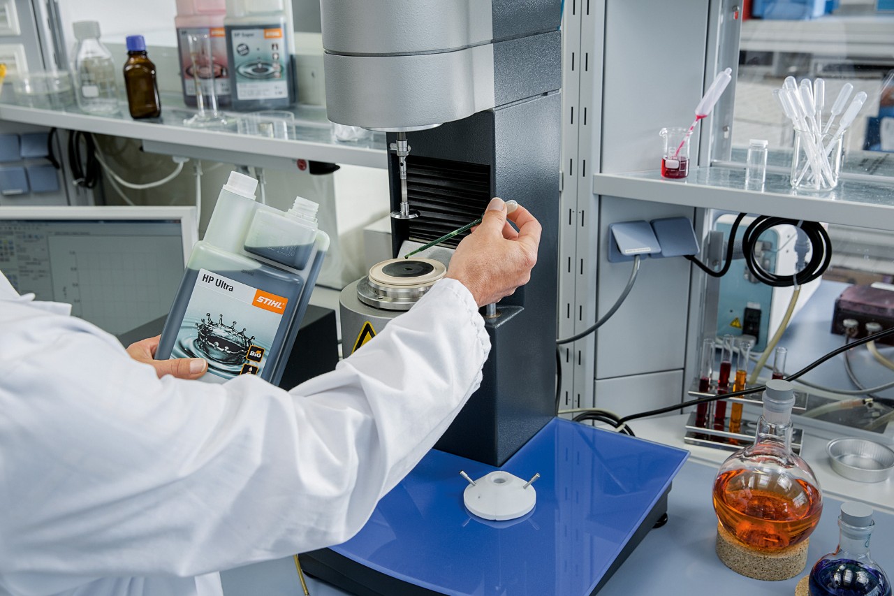 STIHL HP Ultra two-stroke engine oil is tested in a laboratory in accordance with the REACH Regulation